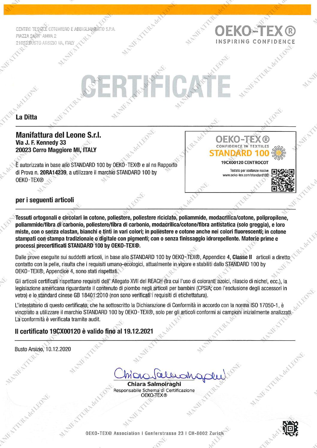 Certificate Oeko-Tex Cl.2 scad. 19-12-21 ita