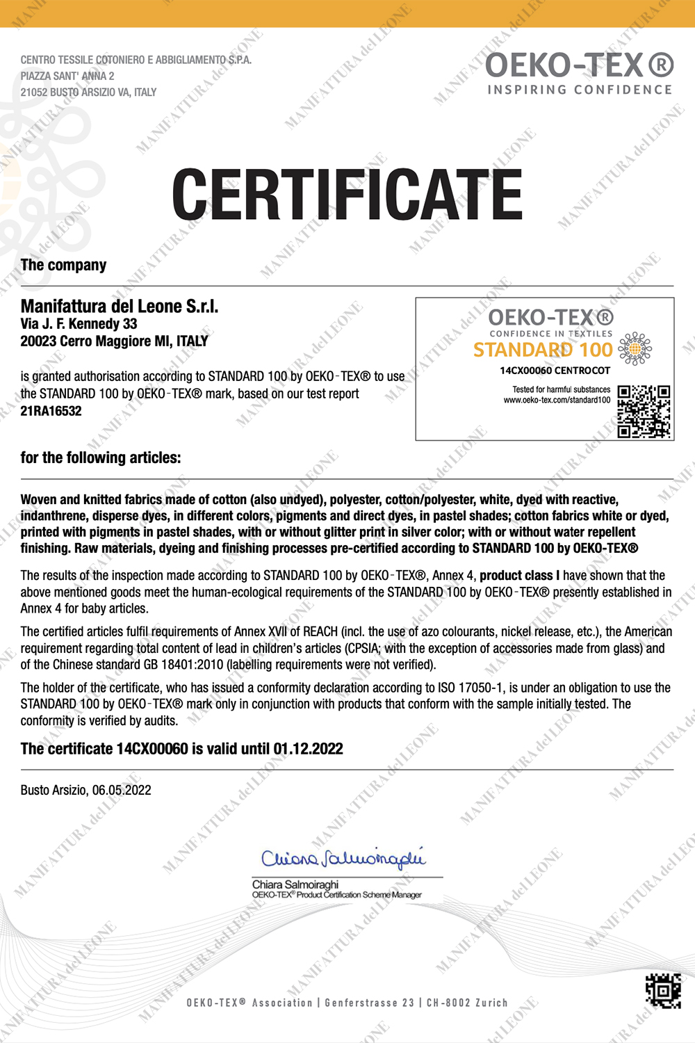 Certificato Oeko-Tex scad. 01-12-22 INGLESE