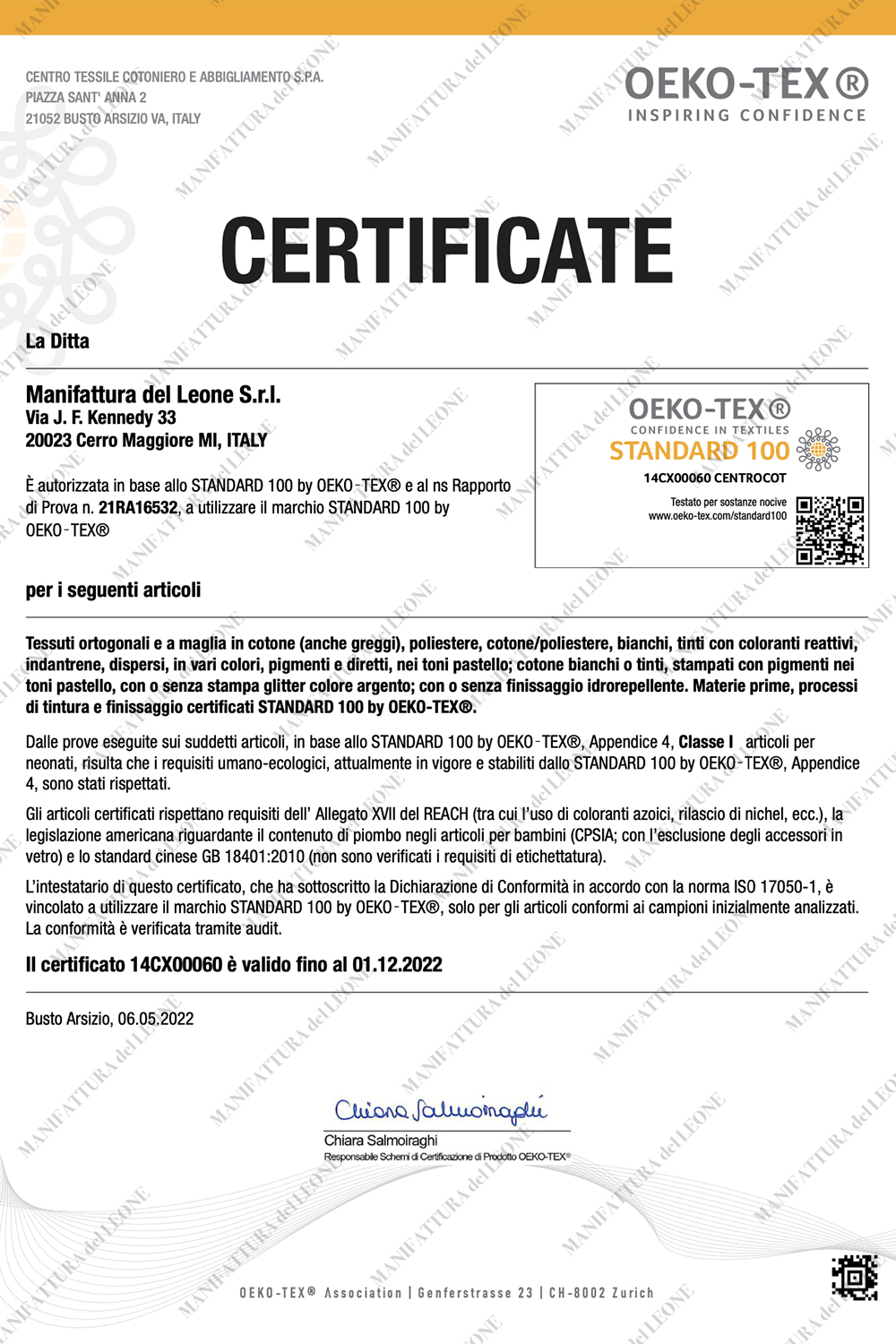 Certificato Oeko-Tex scad. 01-12-22 ITALIANO